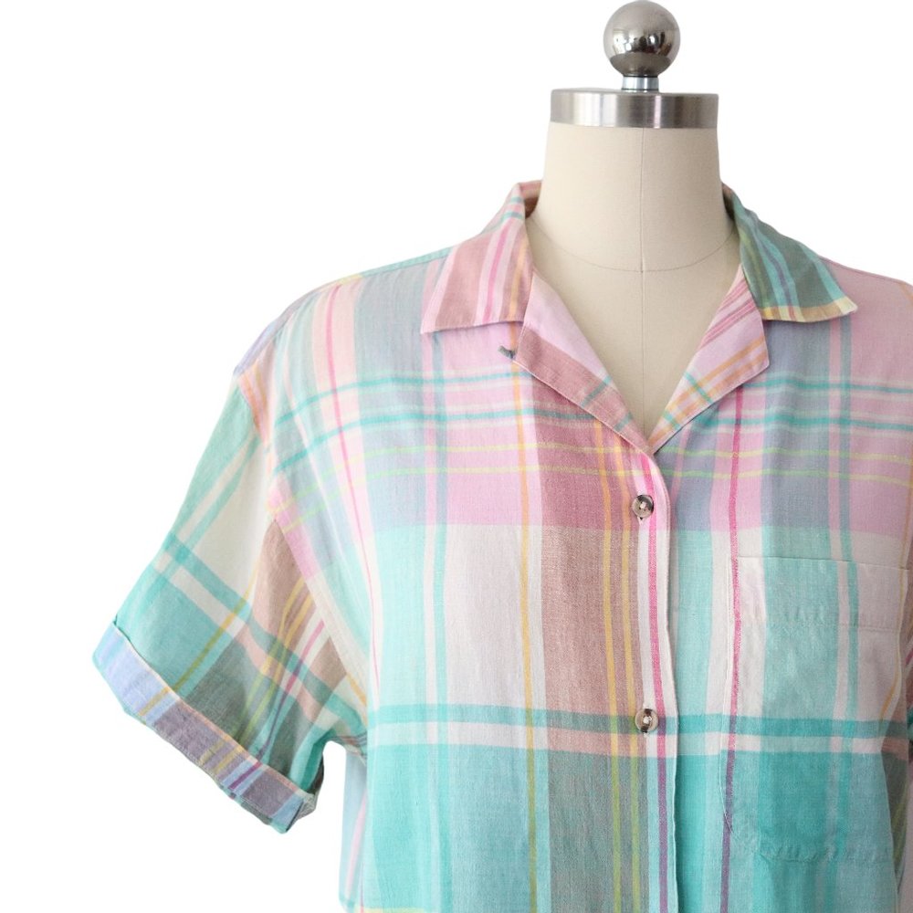 SOLD vintage 80s 90s eddie bauer pastel plaid button shirt M/L madras blouse - Picture 3 of 9